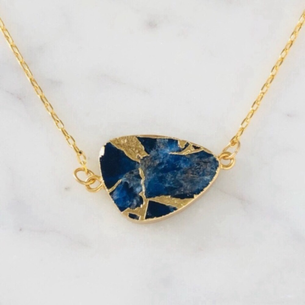 18K Gold Plated Floating Blue Sapphire Pendant Chain Necklace
